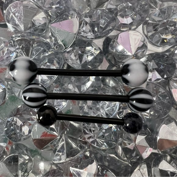 3 tongue rings black plastic screw on barbel plastic beads sparkly white racer - Picture 1 of 4